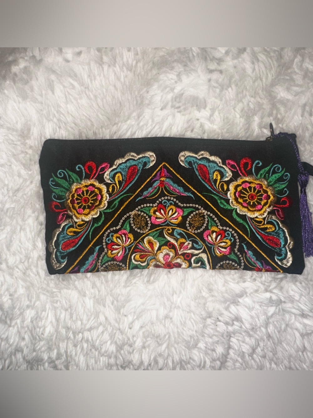 Black Embroidered Floral Clutch Wallet